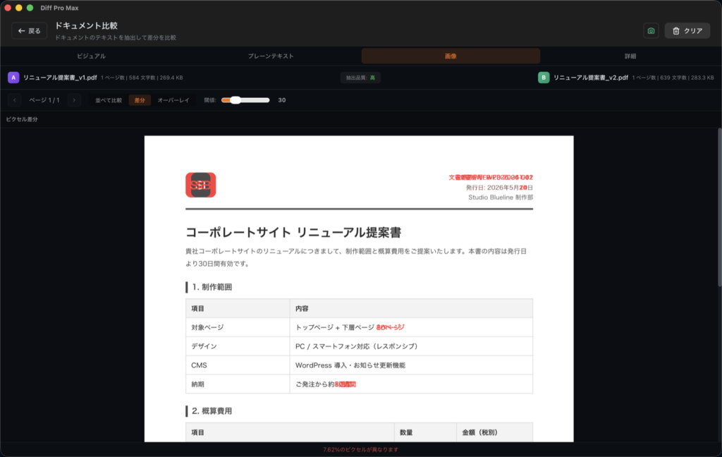 2つのPDFファイル、どこが変わった?|Diff Pro Maxで文字と見た目を比較 5 dpm pdf pixel diff 1